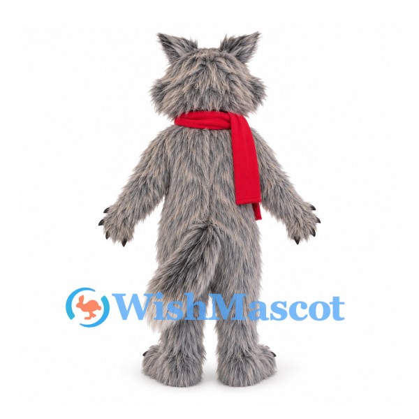 Cat Mascot Costume in Gray with Yellow Eyes and Red Scarf
