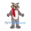 Cat Mascot Costume in Gray with Yellow Eyes and Red Scarf