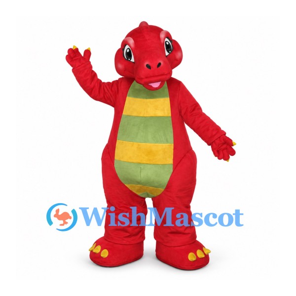Dragon Mascot Costume in Red with Green Striped Belly