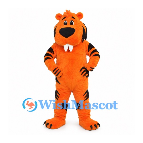 Tiger Mascot Costume in Orange with Black Stripes and White Bow