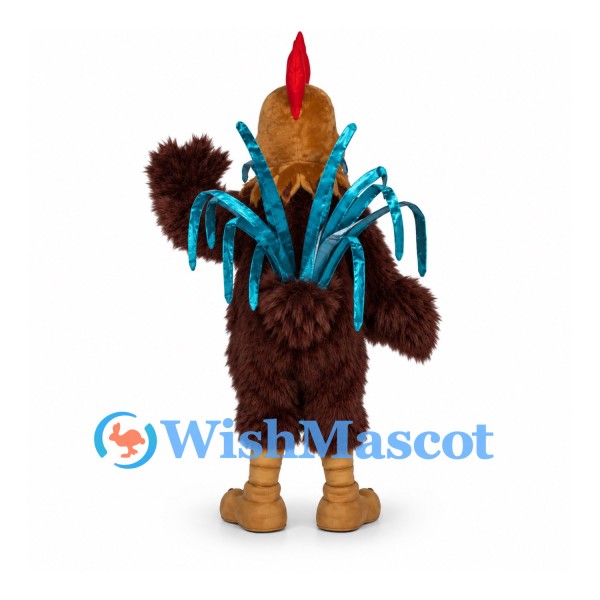 Rooster Mascot Costume in Brown with Blue Tail Feathers