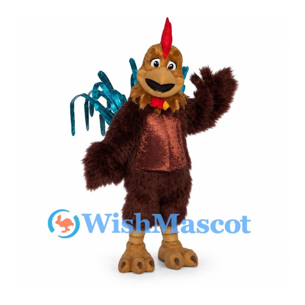 Rooster Mascot Costume in Brown with Blue Tail Feathers