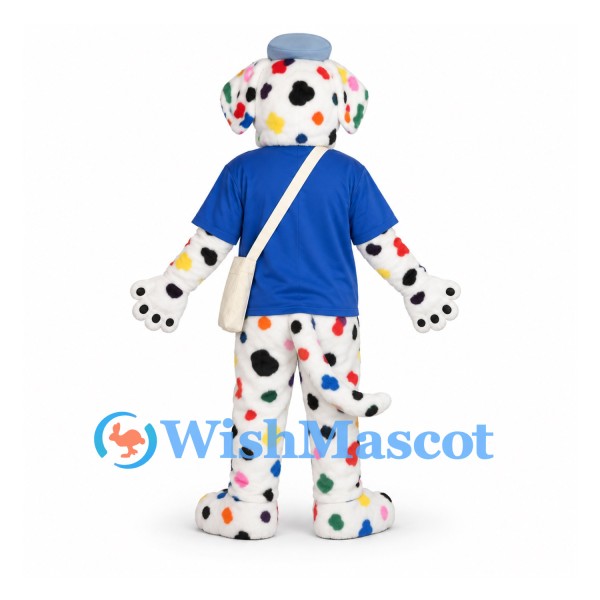 Dalmatian Mascot Costume with Colorful Spots and Blue Shirt