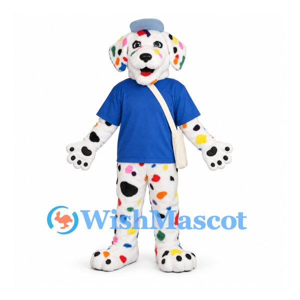 Dalmatian Mascot Costume with Colorful Spots and Blue Shirt