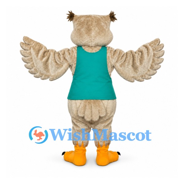 Owl Mascot Costume with Teal Shirt and Beige Wings
