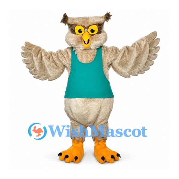 Owl Mascot Costume with Teal Shirt and Beige Wings