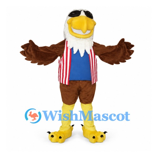 Bald Eagle Mascot Costume with Red Striped Vest and Sunglasses