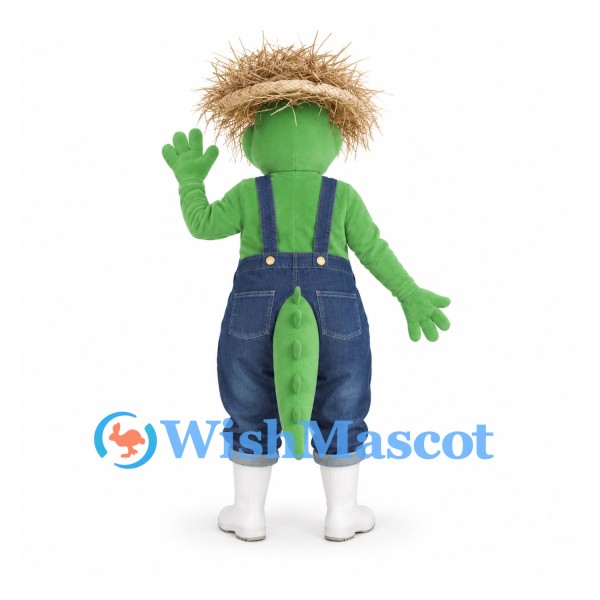 Crocodile Farmer Mascot Costume with Blue Overalls and Straw Hat