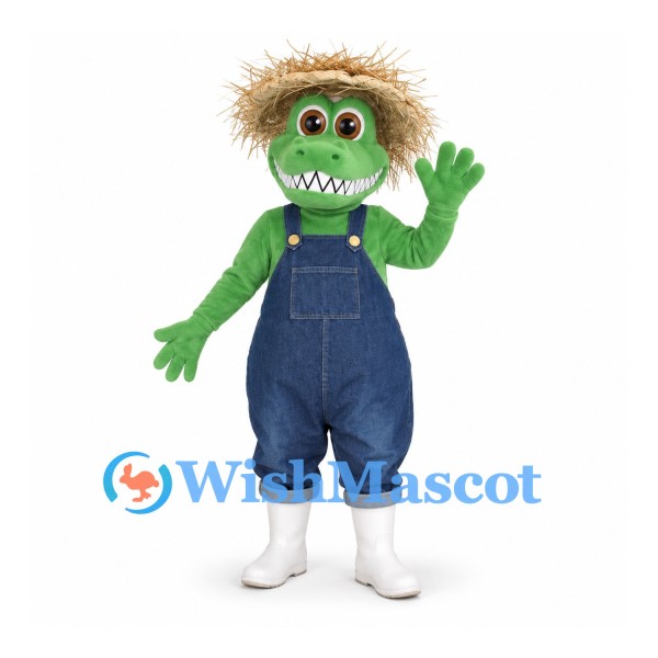 Crocodile Farmer Mascot Costume with Blue Overalls and Straw Hat