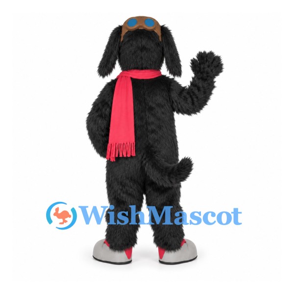 Black Dog Mascot Costume with Red Scarf and Aviator Goggles