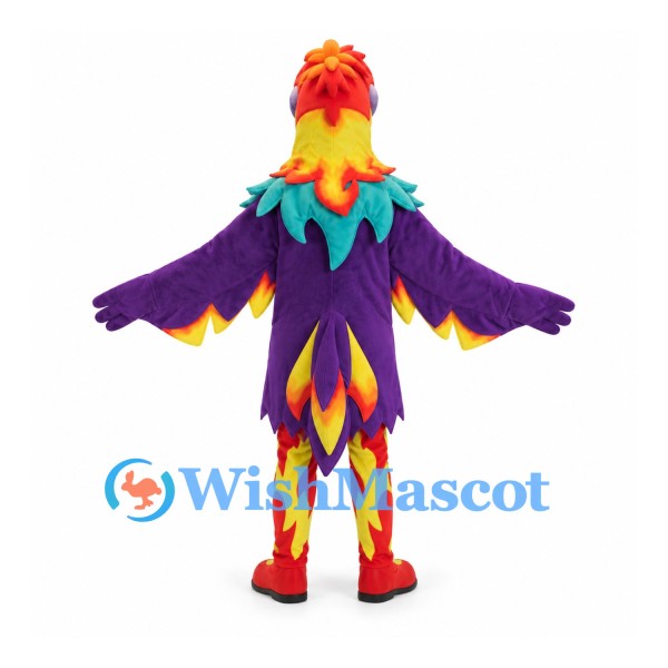 Parrot Mascot Costume with Purple Wings and Multicolored Feathers