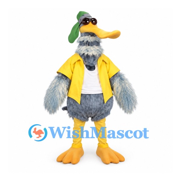 Duck Mascot Costume with Yellow Jacket and Green Cap