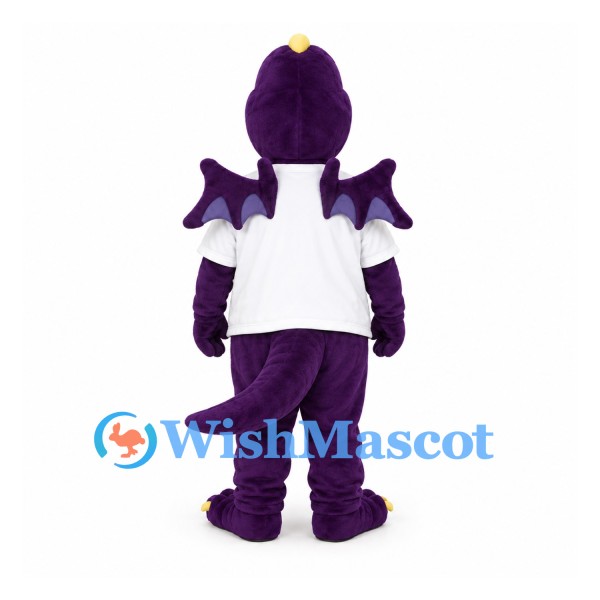 Dragon Mascot Costume in Purple with White Shirt and Small Wings