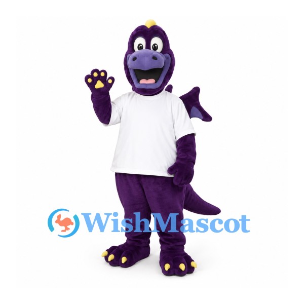 Dragon Mascot Costume in Purple with White Shirt and Small Wings