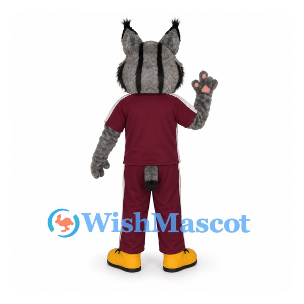 Lynx Mascot Costume with Burgundy Sports Uniform