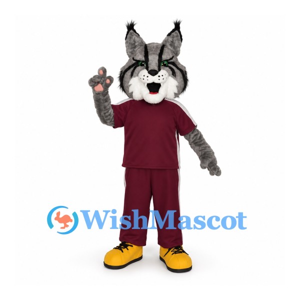 Lynx Mascot Costume with Burgundy Sports Uniform