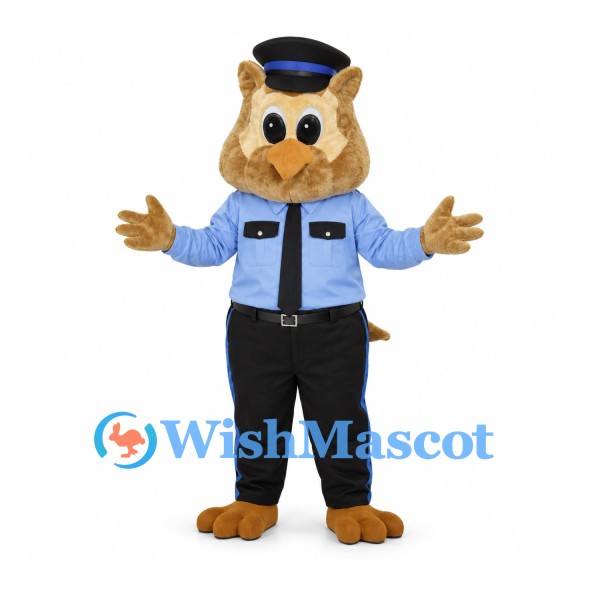 Owl Officer Mascot Costume with Blue Uniform and Cap