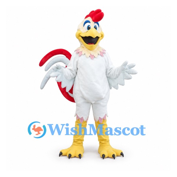 Rooster Mascot Costume in White with Red Comb and Tail