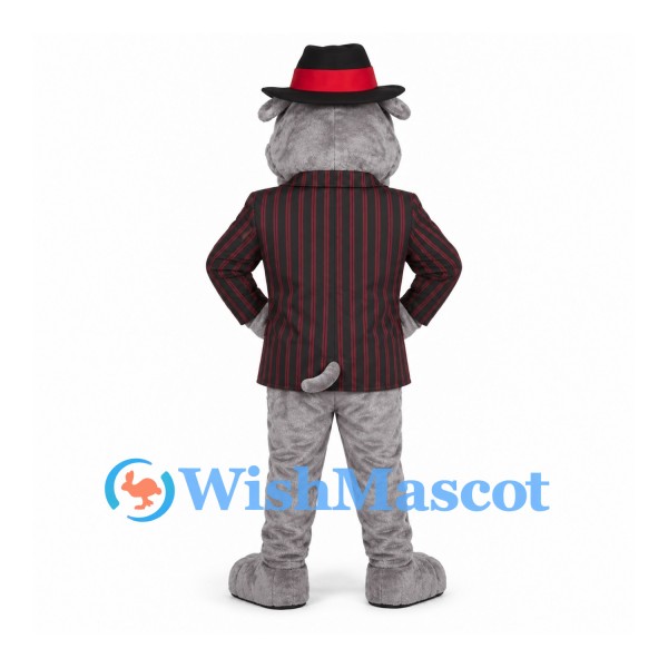 Bulldog Mascot Costume with Pinstripe Jacket and Black Hat