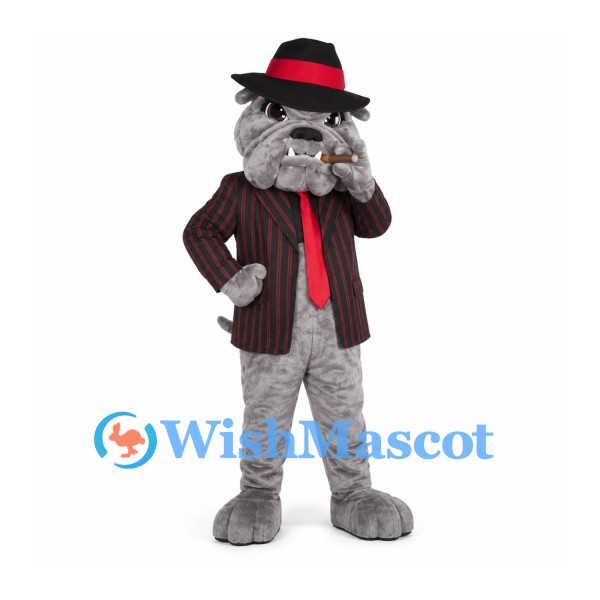 Bulldog Mascot Costume with Pinstripe Jacket and Black Hat