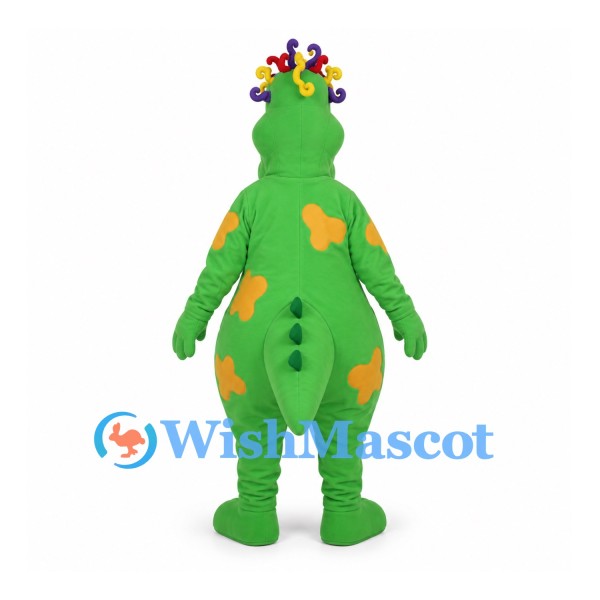 Dragon Mascot Costume in Green with Purple Belly and Yellow Spots