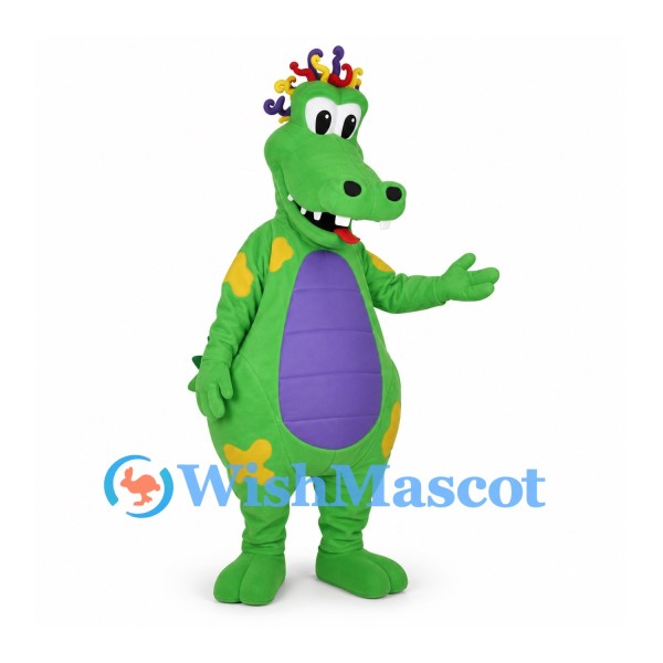 Dragon Mascot Costume in Green with Purple Belly and Yellow Spots