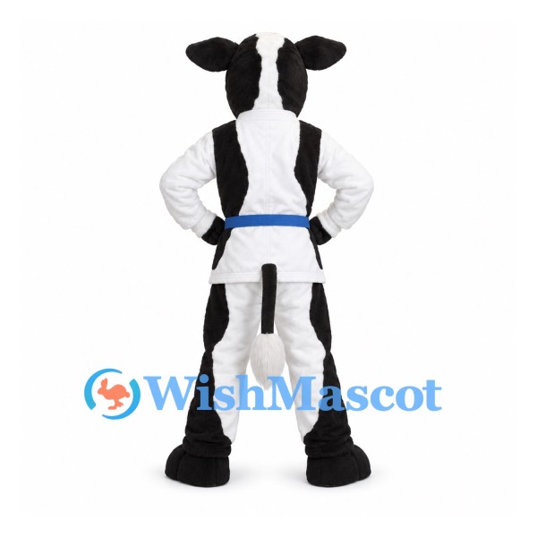 Cow Mascot Costume with White Martial Arts Uniform and Blue Belt