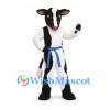 Cow Mascot Costume with White Martial Arts Uniform and Blue Belt