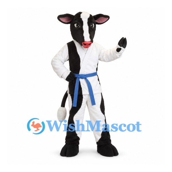 Cow Mascot Costume with White Martial Arts Uniform and Blue Belt