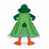 Duck Superhero Mascot Costume with Green Cape and Gray Shorts
