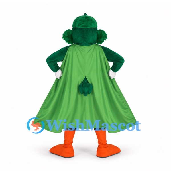Duck Superhero Mascot Costume with Green Cape and Gray Shorts