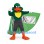 Duck Superhero Mascot Costume with Green Cape and Gray Shorts