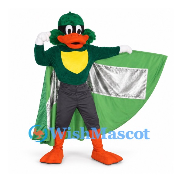 Duck Superhero Mascot Costume with Green Cape and Gray Shorts