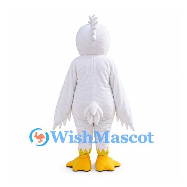 White Bird Mascot Costume with Long Yellow Beak and Layered Wings