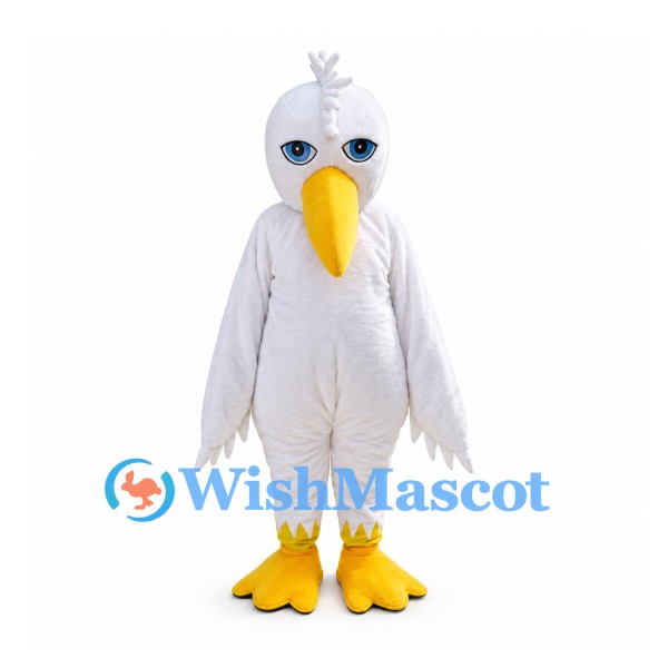 White Bird Mascot Costume with Long Yellow Beak and Layered Wings