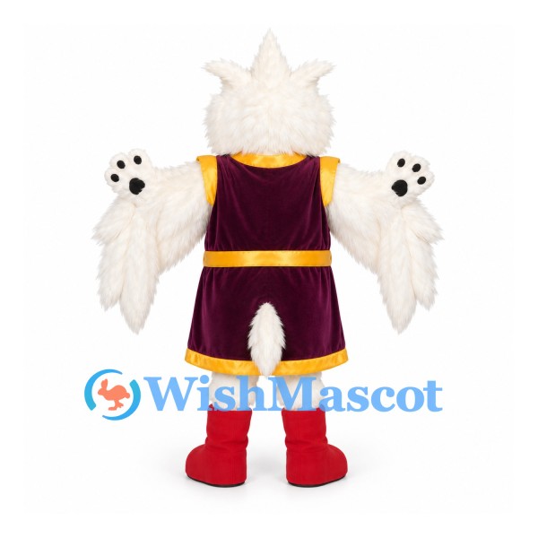 Snowy Owl Mascot Costume with Burgundy Sports Uniform