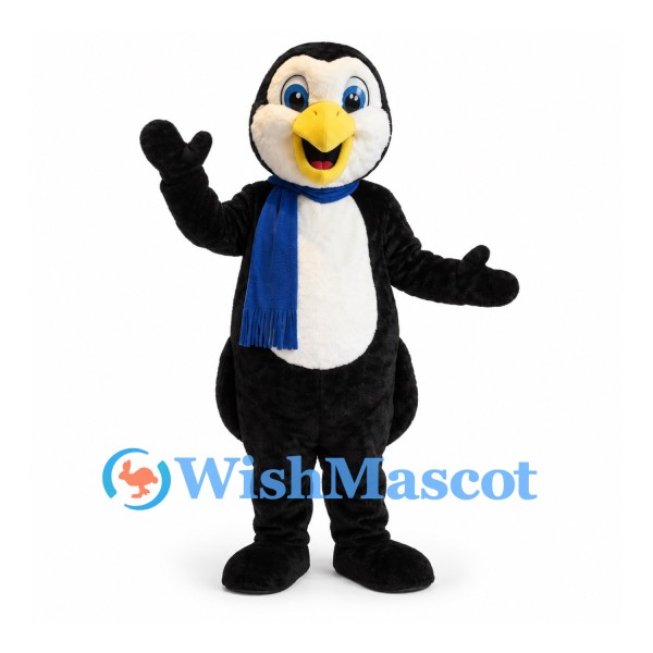 Penguin Mascot Costume with Blue Scarf and White Belly