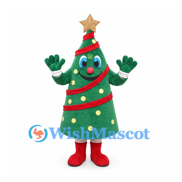 Christmas Tree Mascot Costume with Red Garland and Gold Star
