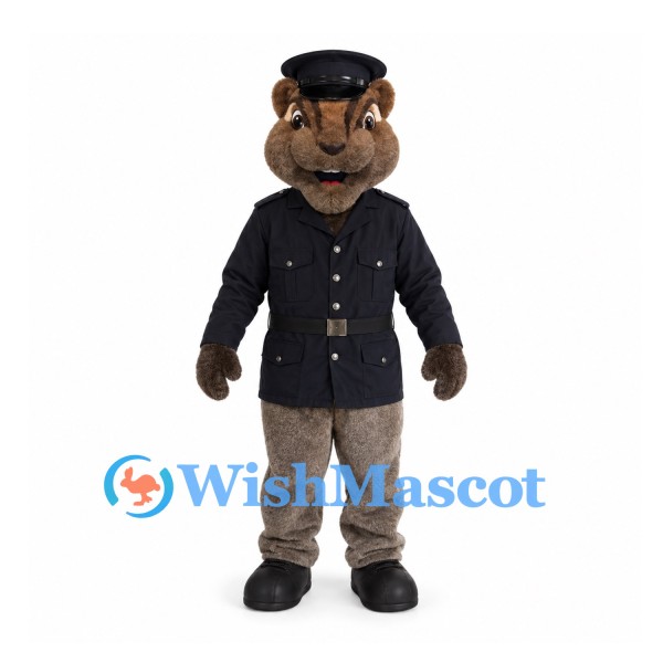 Cat Officer Mascot Costume with Black Uniform and Cap