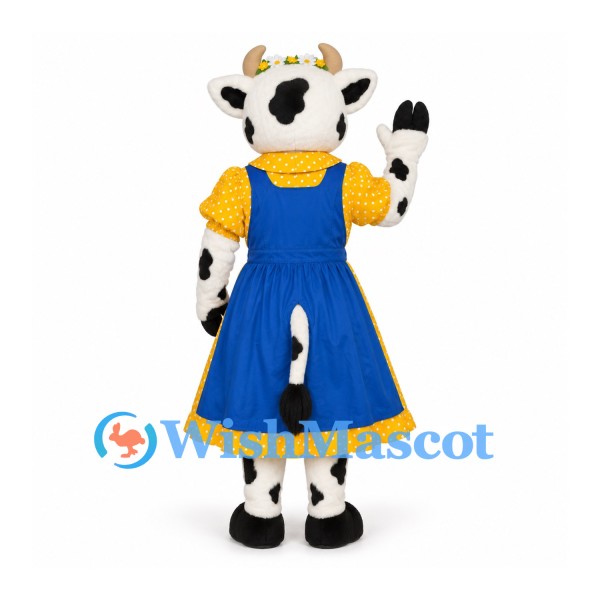 Cow Mascot Costume with Blue Dress and Yellow Shirt