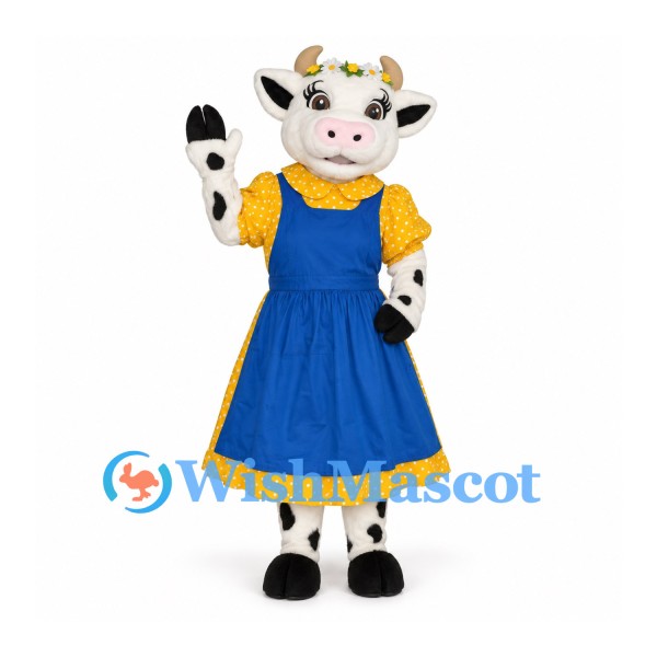 Cow Mascot Costume with Blue Dress and Yellow Shirt