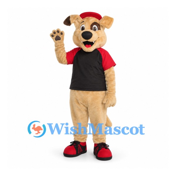 Dog Mascot Costume with Red Cap and Black Shirt