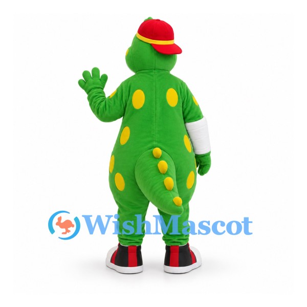 Dinosaur Mascot Costume in Green with Yellow Spots and Red Cap