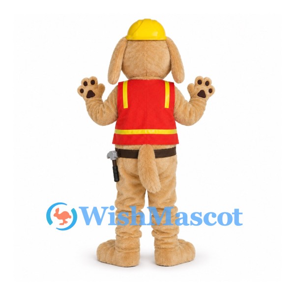 Dog Builder Mascot Costume with Yellow Helmet and Red Safety Vest