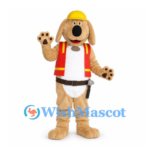 Dog Builder Mascot Costume with Yellow Helmet and Red Safety Vest