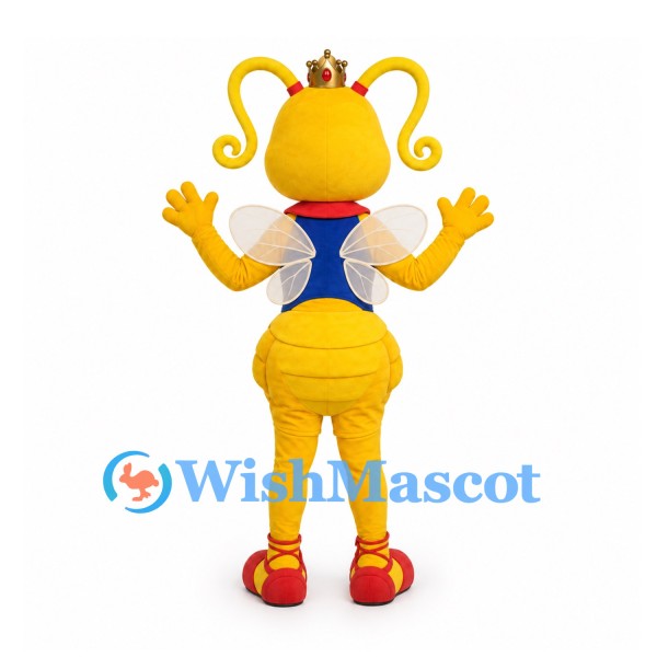 Ant Queen Mascot Costume in Yellow with Crown and Wings
