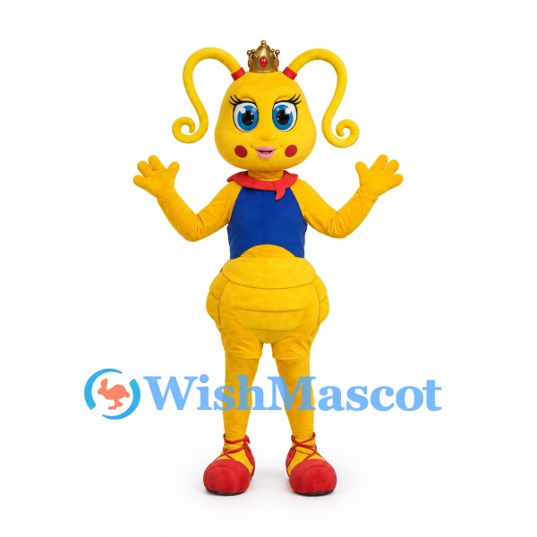Ant Queen Mascot Costume in Yellow with Crown and Wings