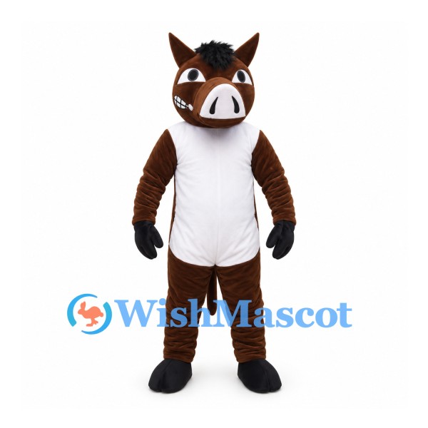 Wild Boar Mascot Costume in Brown with White Belly and Tusks