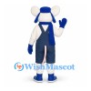 Mouse Mascot Costume in White with Blue Overalls and Scarf