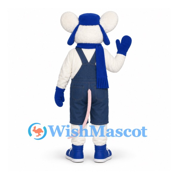 Mouse Mascot Costume in White with Blue Overalls and Scarf